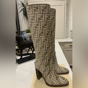 FENDI Women's Jacquard Ff Sculptural-heel Tall Boots Size 36.5
